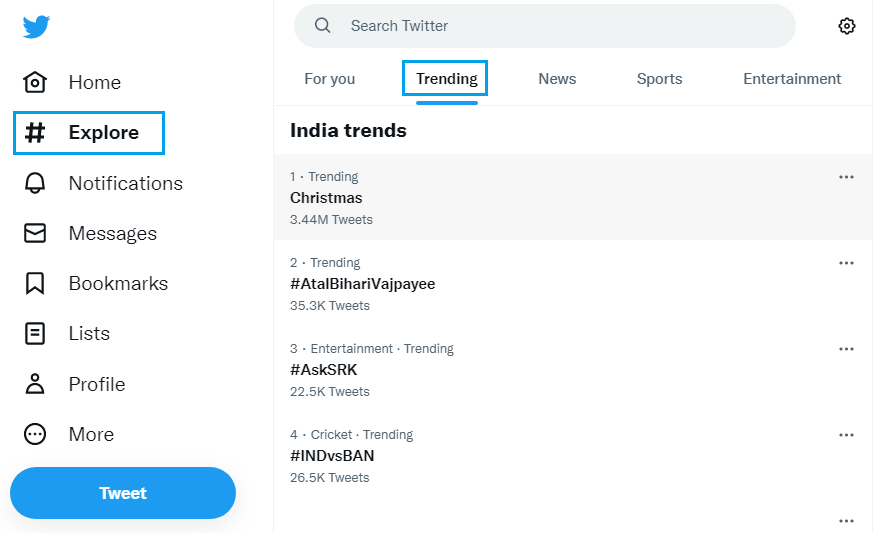 Twitter पर trending hashtags खोजें